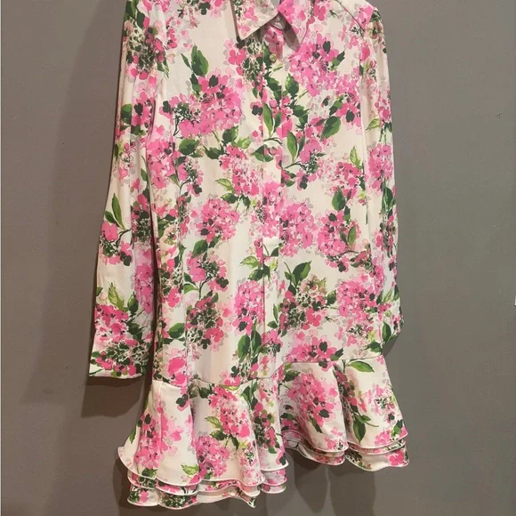 Tuckernuck Callahan Shirtdress Small Pink Hydrangea Ruffle Hem Floral - Small - Picture 3 of 9